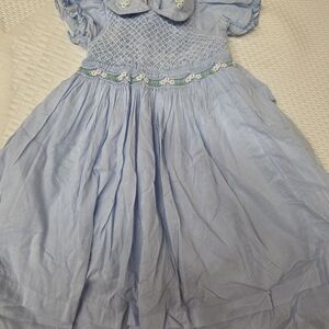 Light Blue Smocked Girls' Casual Dress with Floral Trim